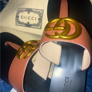 GUCCI Marmont Sandal 38UK/8US Brown Leather Gold GG + Orig 2-Bags + Box. New!!!